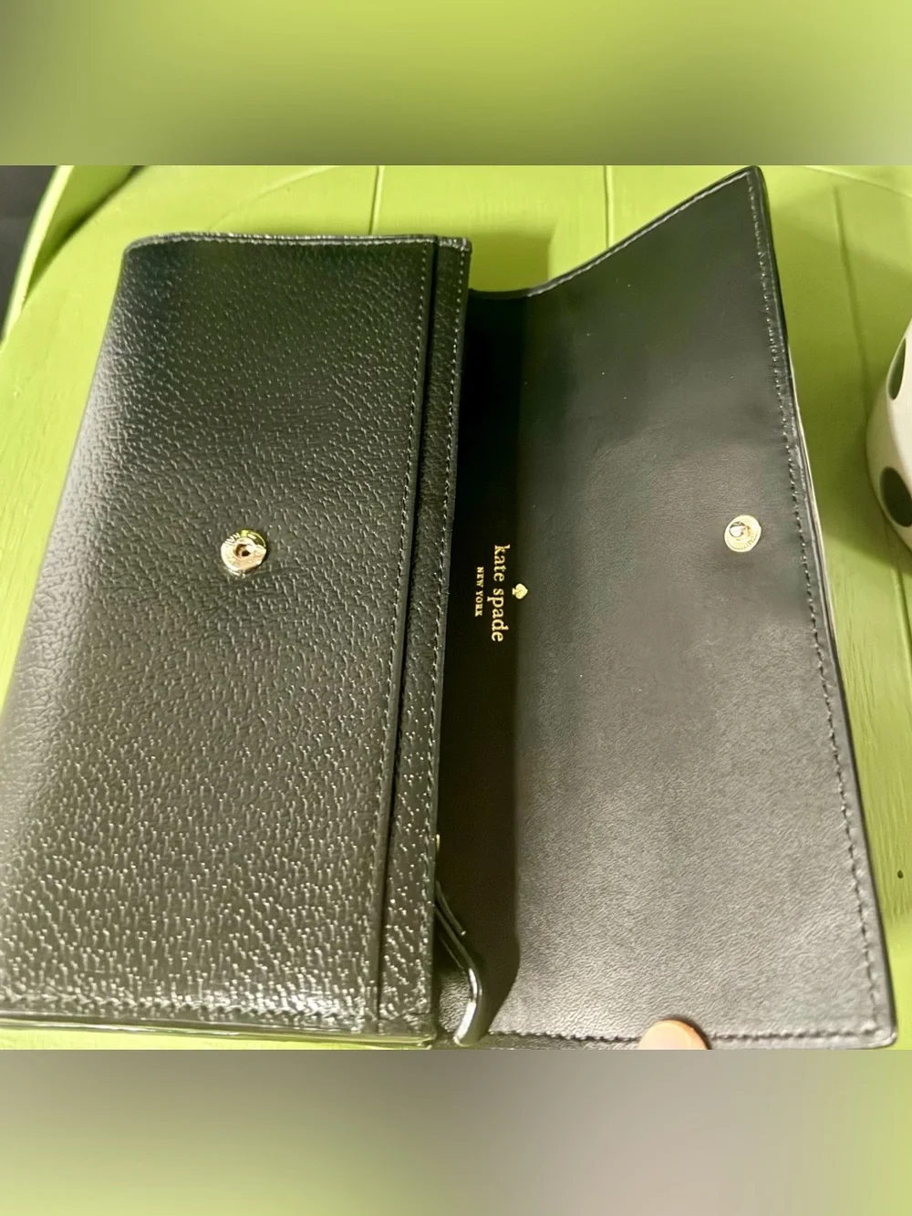 Kate Spade New York Black Pebbled Leather Trifold Wallet Gold Nameplate Logo